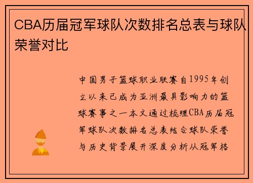 CBA历届冠军球队次数排名总表与球队荣誉对比